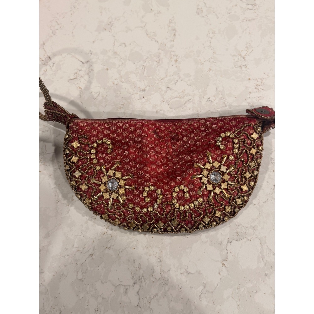 Beaded Maroon Potli Folded Bag Boho VintageIndian Purse Snap Zipper Handmade